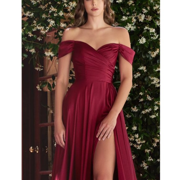 Lavetir Off Shoulder Satin Formal Dress Wine/Burgundy - Picture 2 of 9